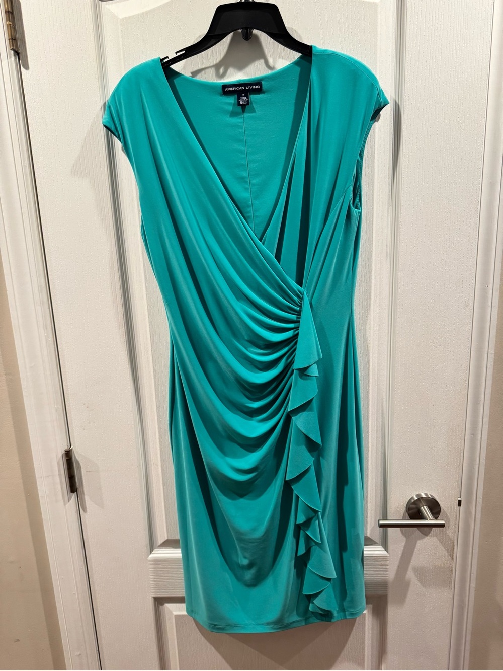 American Living Teal Draped Ruffle-Accent Midi Dress
